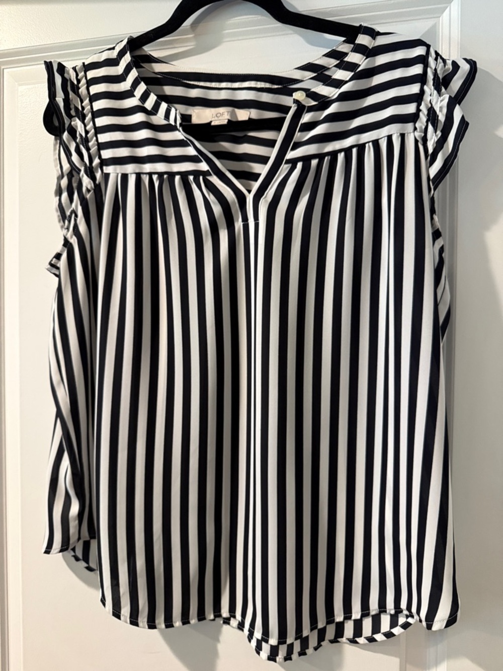 LOFT Navy & White Vertical Stripe Cap-Sleeve Blouse
